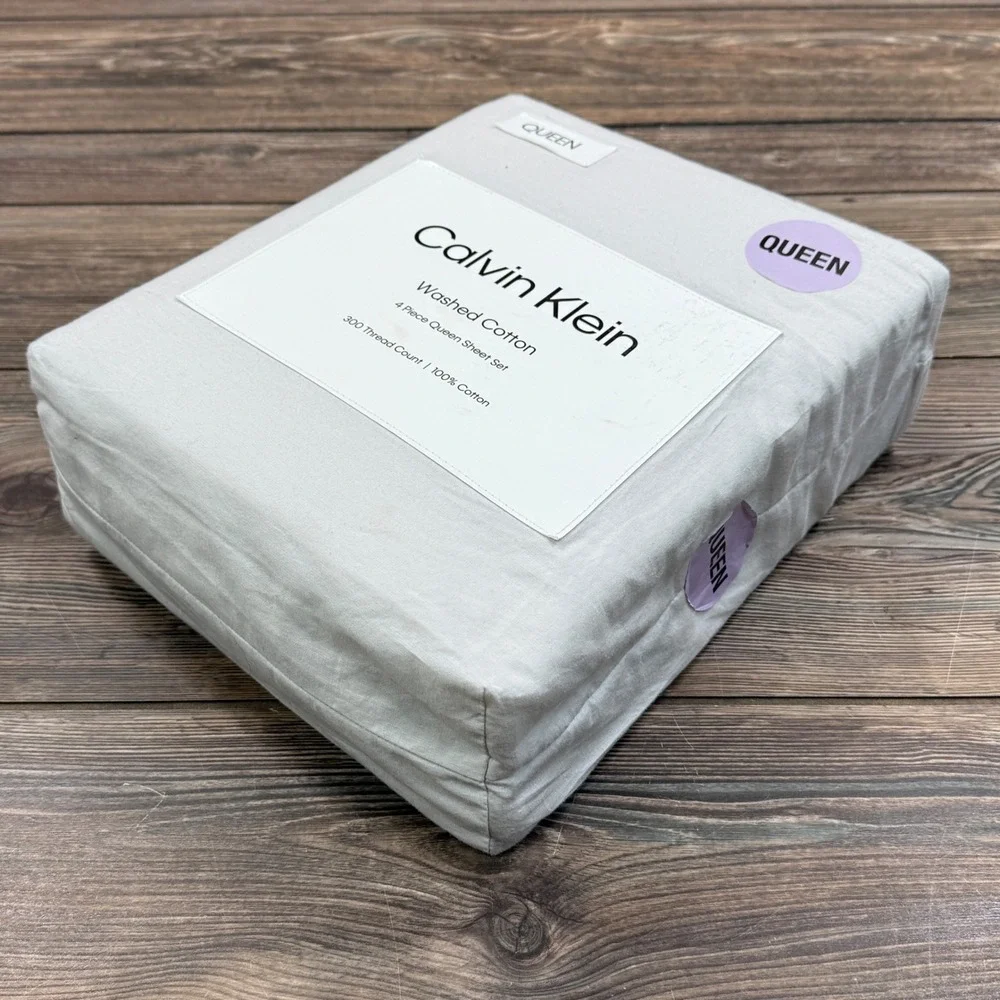 Calvin Klein Washed Cotton Queen Sheet‎ Set 4pc 300TC Grey NEW